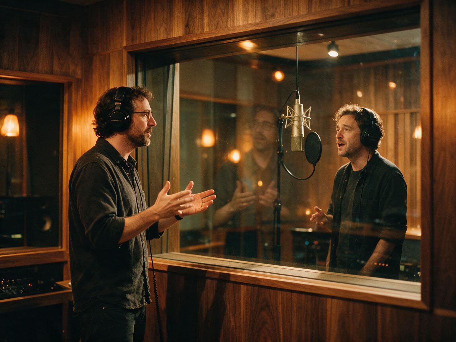 Sound engineer directing a Flemish voice actor through the studio glass