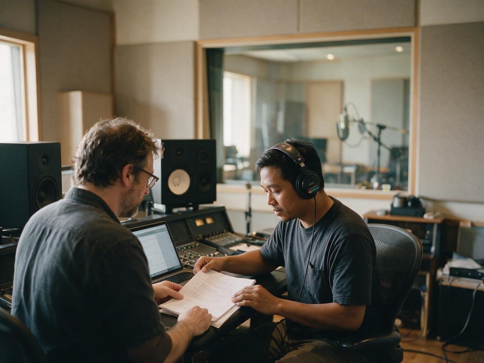 Producer and voice actor going through a script in the studio control room before a session