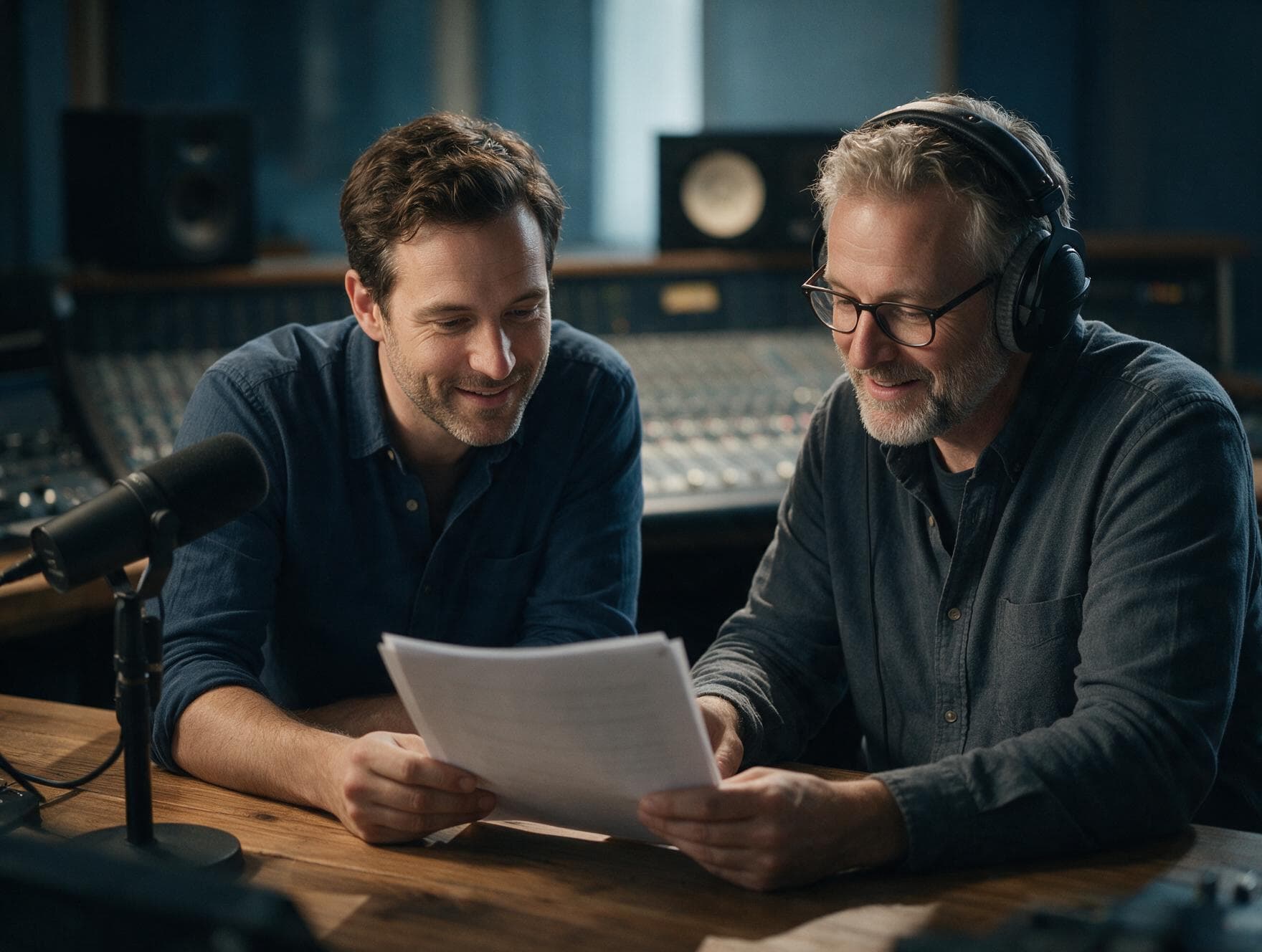 Voice actor and director going through a script together before a recording session