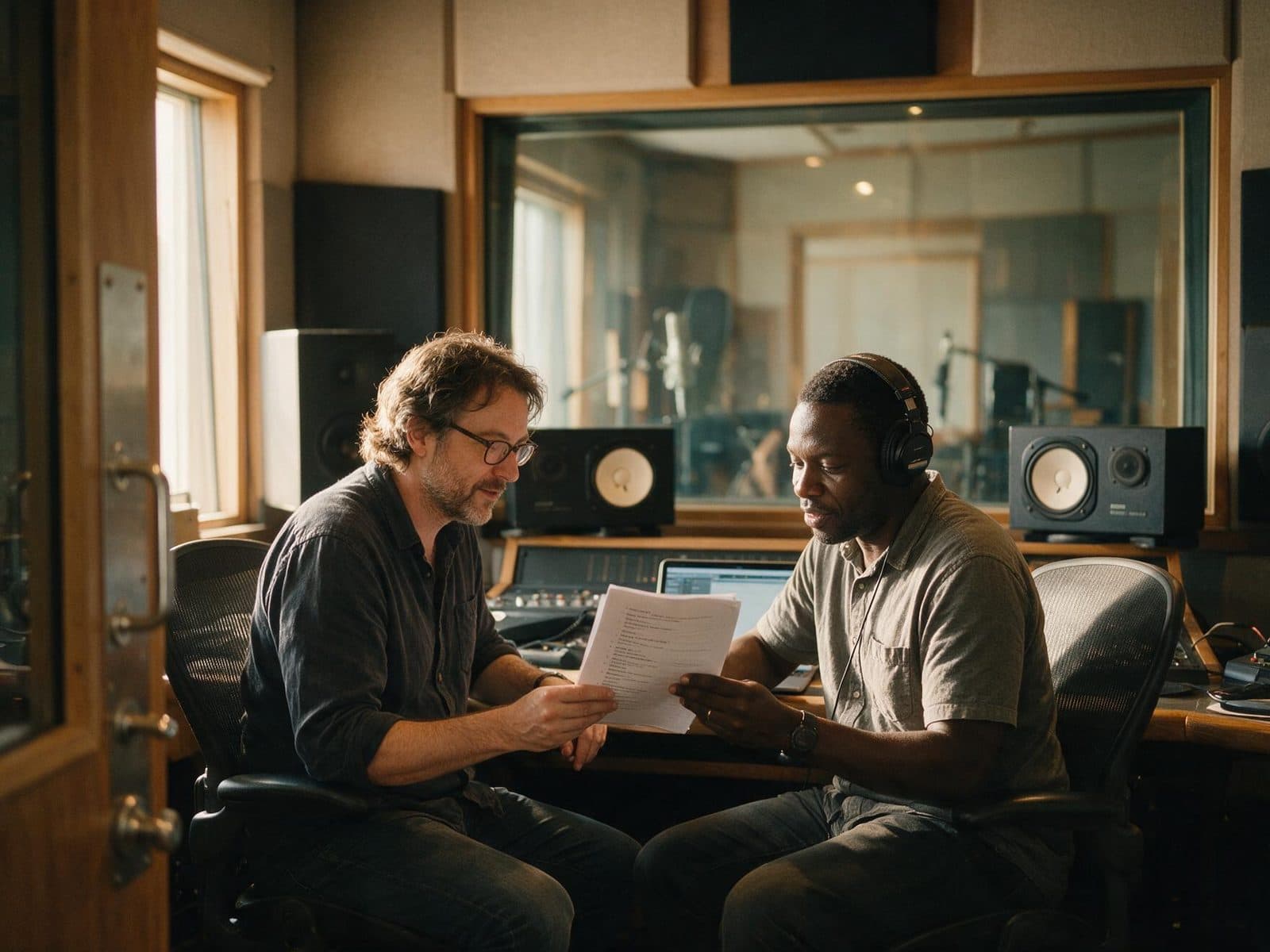 Producer and voice actor going through a script in the studio control room before a session