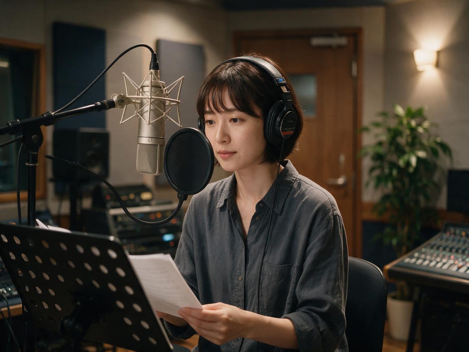 Mandarin voice actor recording a script in a professional studio