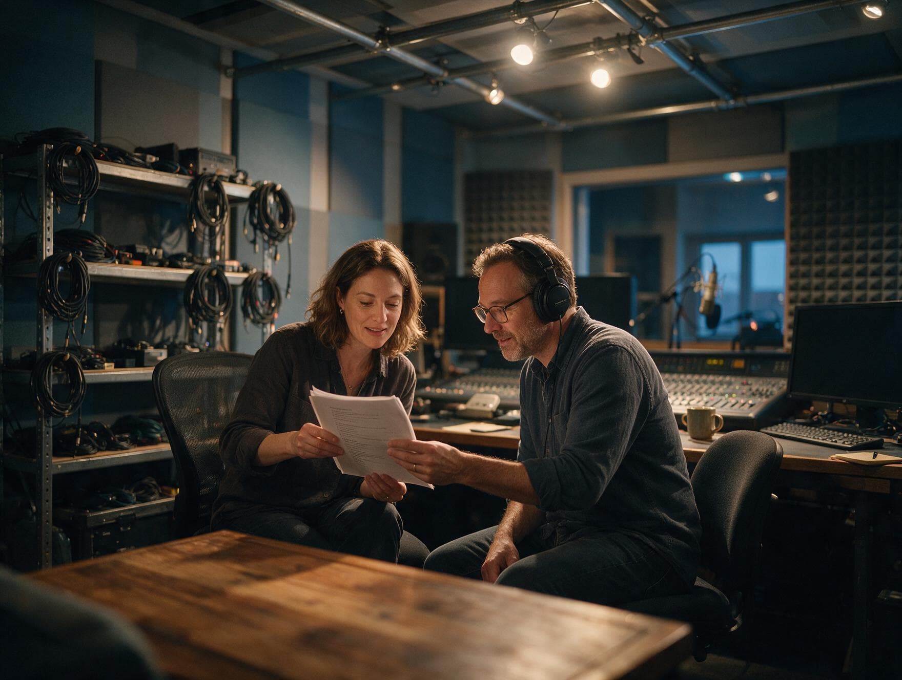 Producer and voice actor going through a script in the studio control room before a session