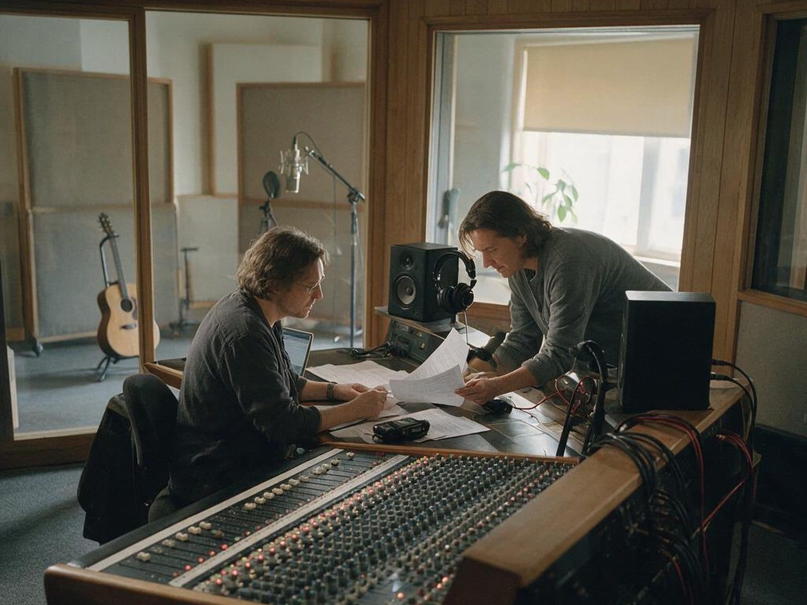 Producer and South African voice actor going through a script before a recording session