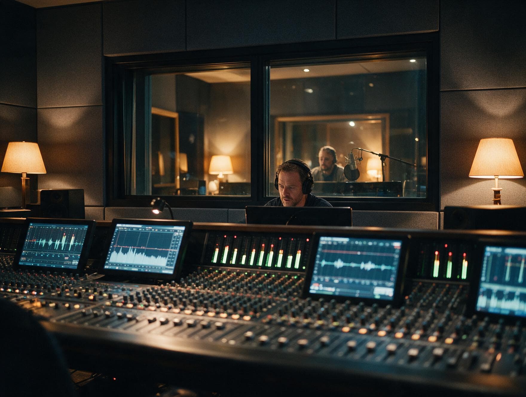 Control room and recording booth in our London studio, seen from the mixing desk during a Jamaican Patois session