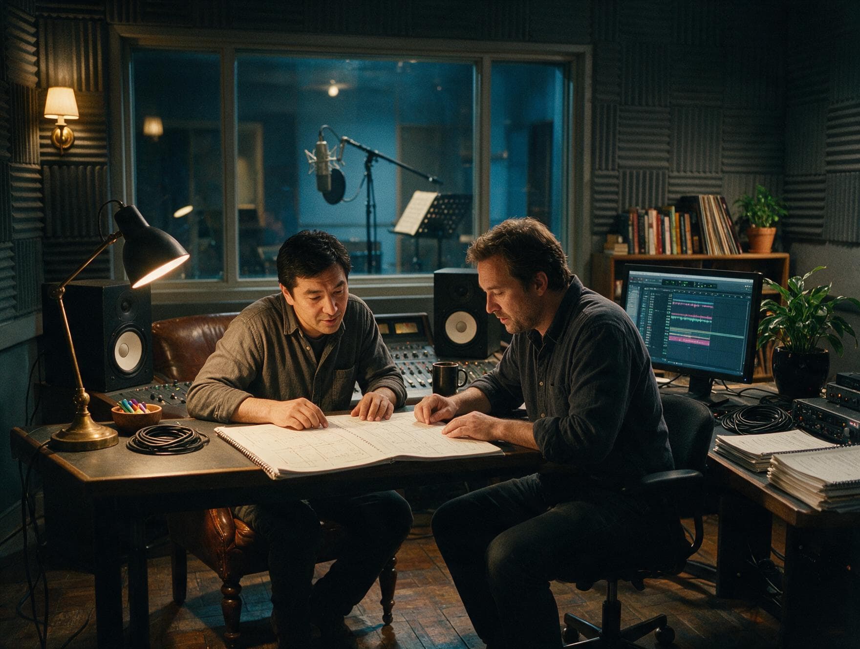 Voice actor and sound engineer working together in a London recording studio