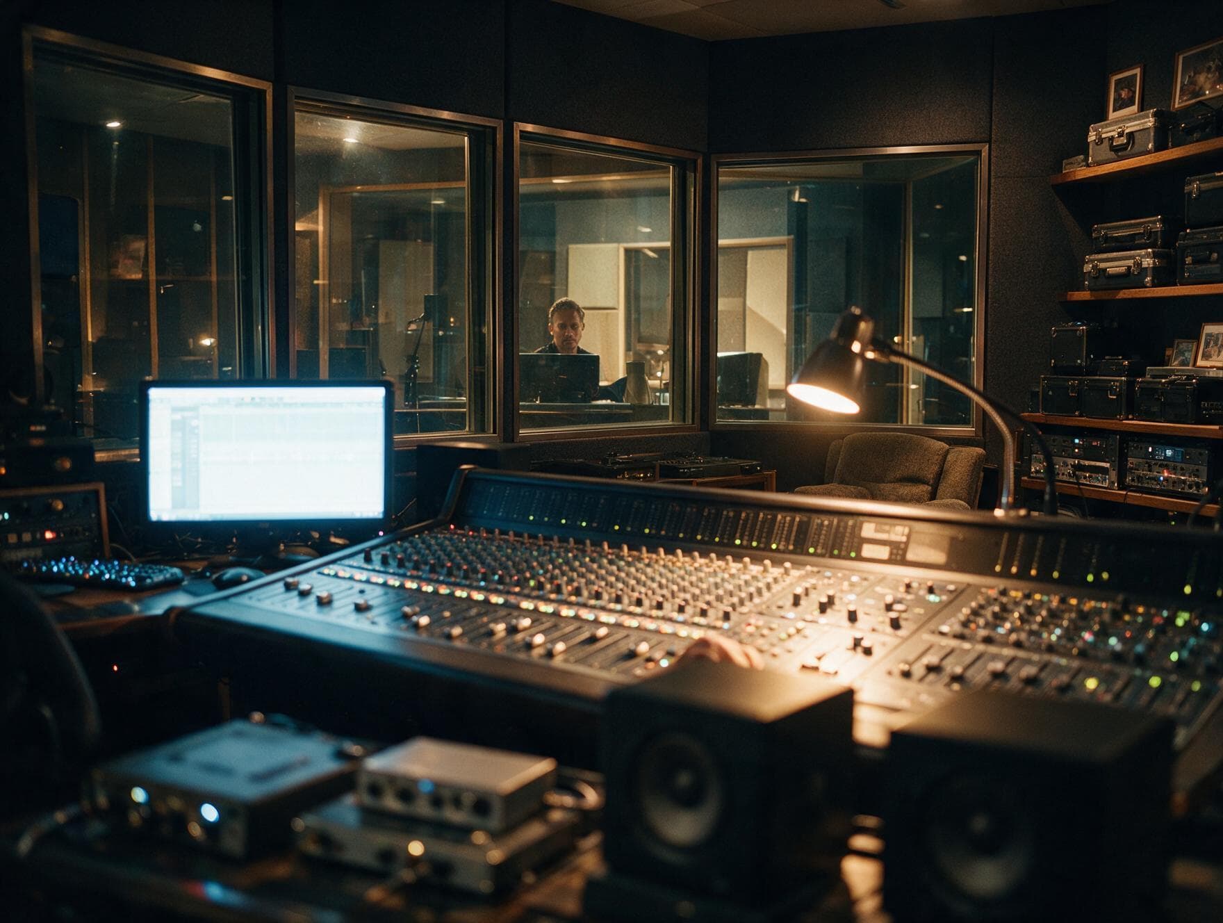 Control room and recording booth in our London studio, seen from the mixing desk during a Yoruba session