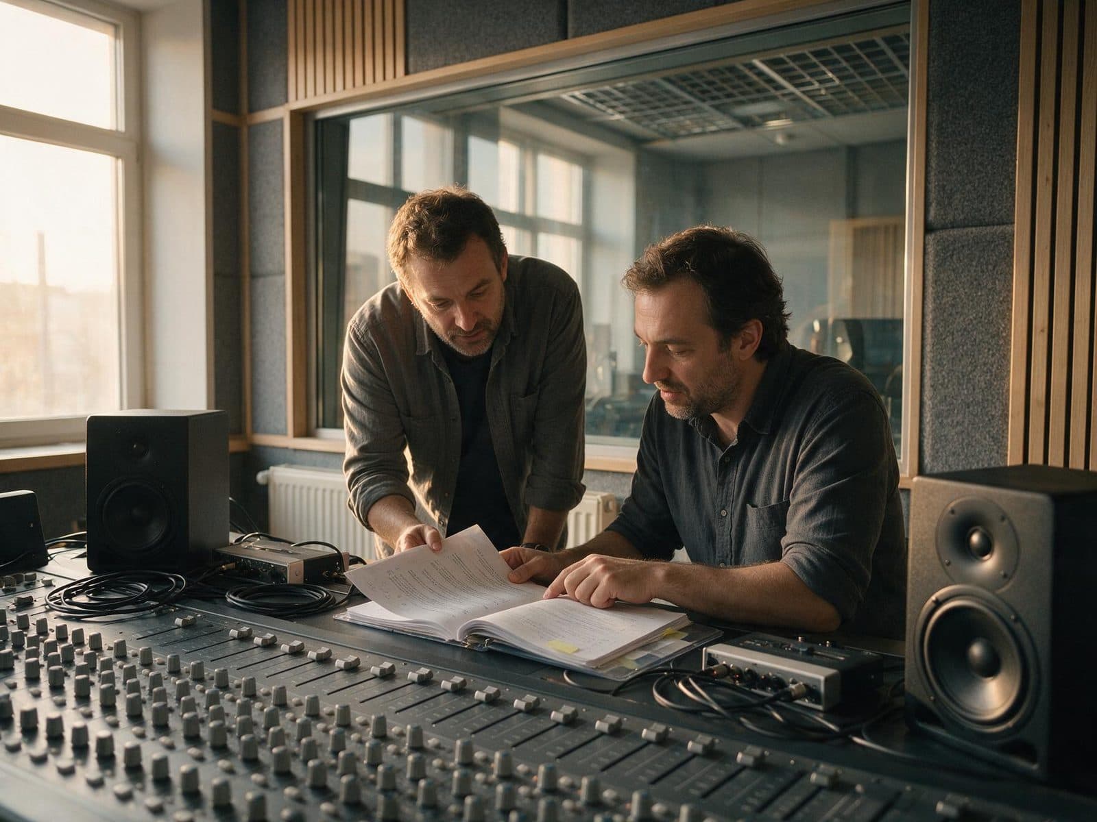 Producer and voice actor going through a script in the studio control room before a session