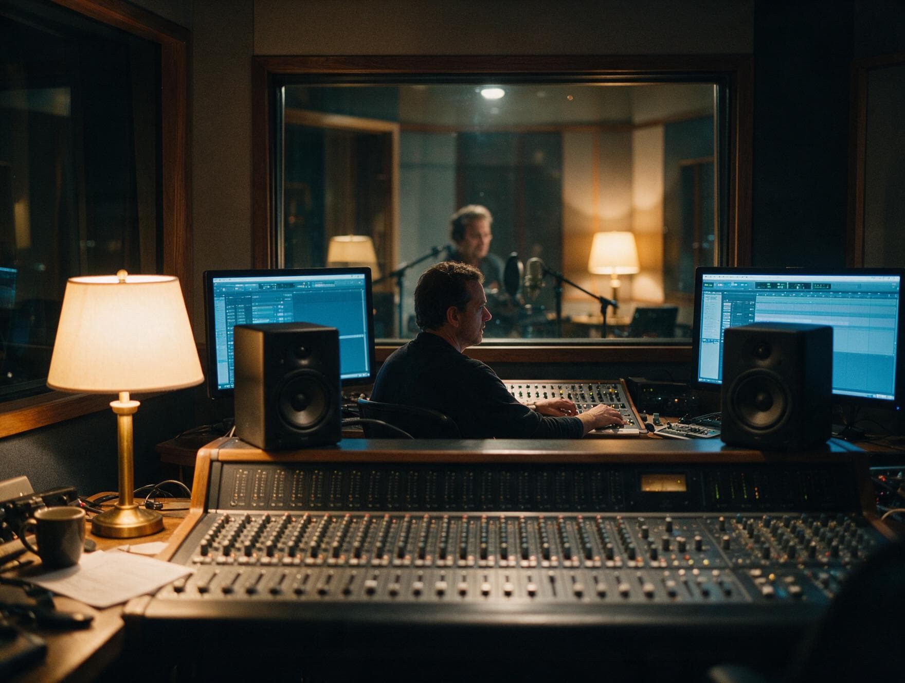 Producer and voice actor going through a script in the studio control room before a session