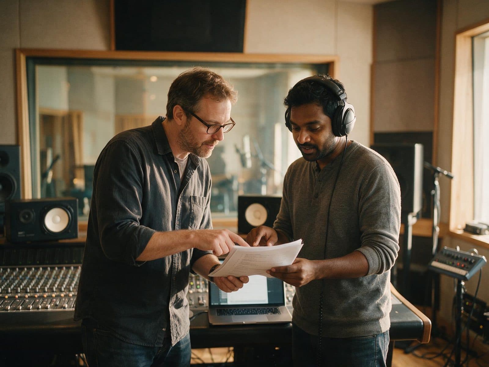 Producer and voice actor going through a script in the studio control room before a session