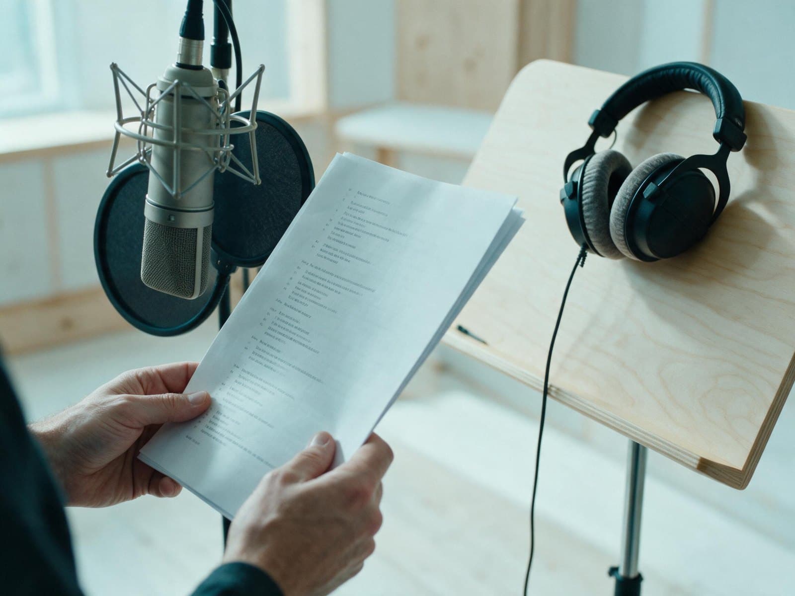Script and headphones beside a studio microphone in a Finnish voice over recording session