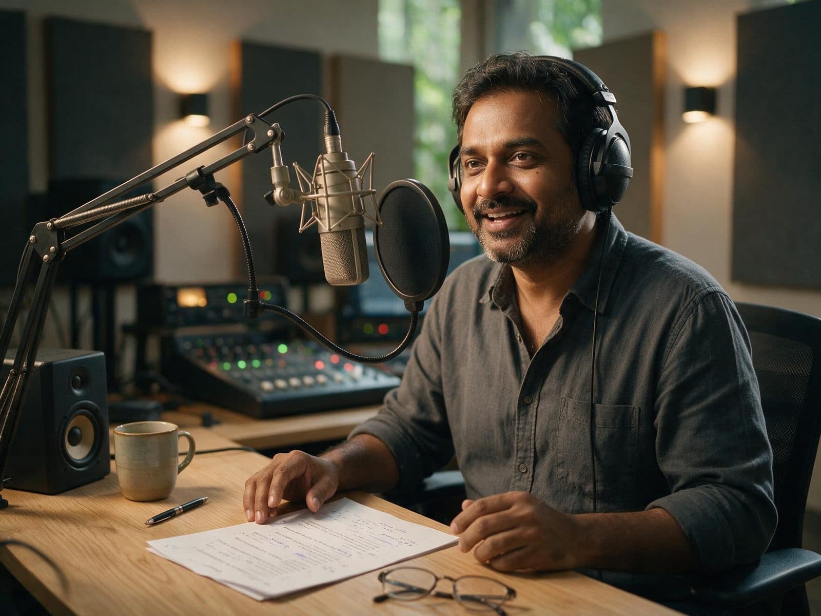 Bengali voice actor recording a script in a professional studio