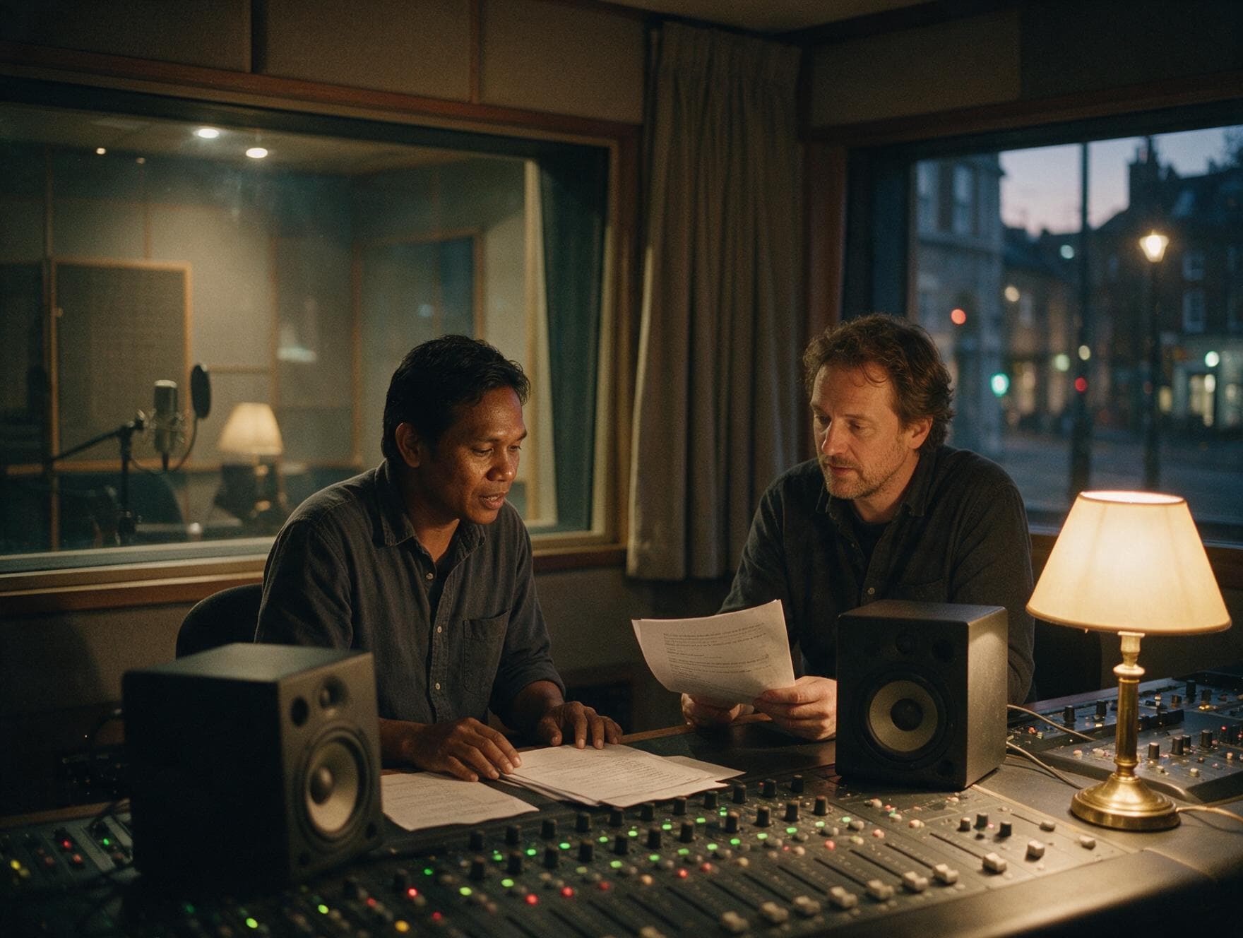 Producer and voice actor going through a script in the studio control room before a session