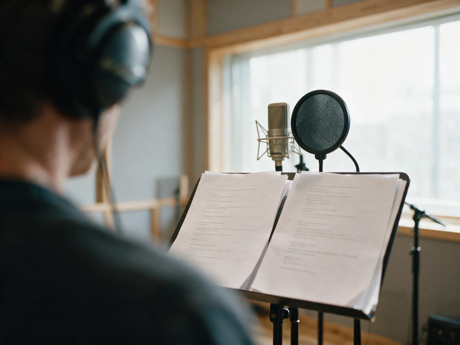 Script on a music stand beside the microphone during a Lithuanian recording session