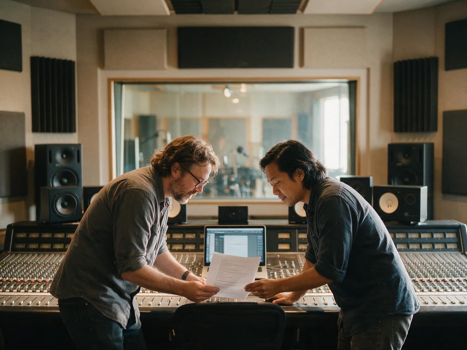 Producer and voice actor going through a script in the studio control room before a session