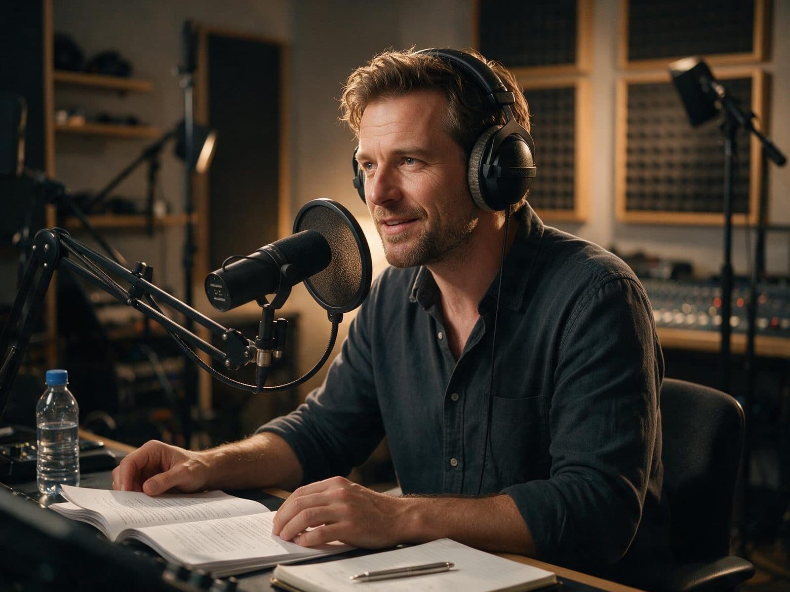 Dutch voice actor recording a script in a professional studio
