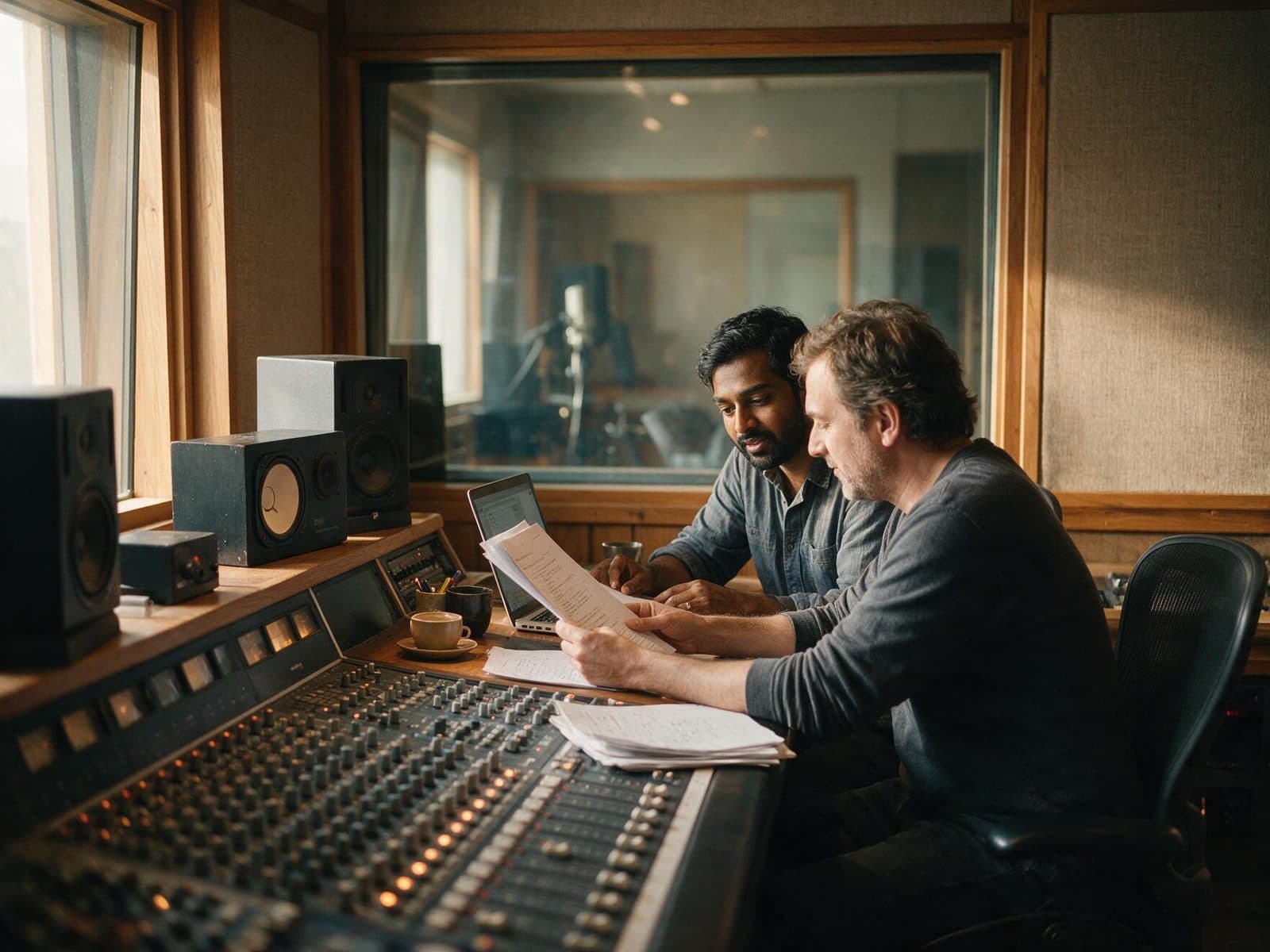 Producer and voice actor going through a script in the studio control room before a session