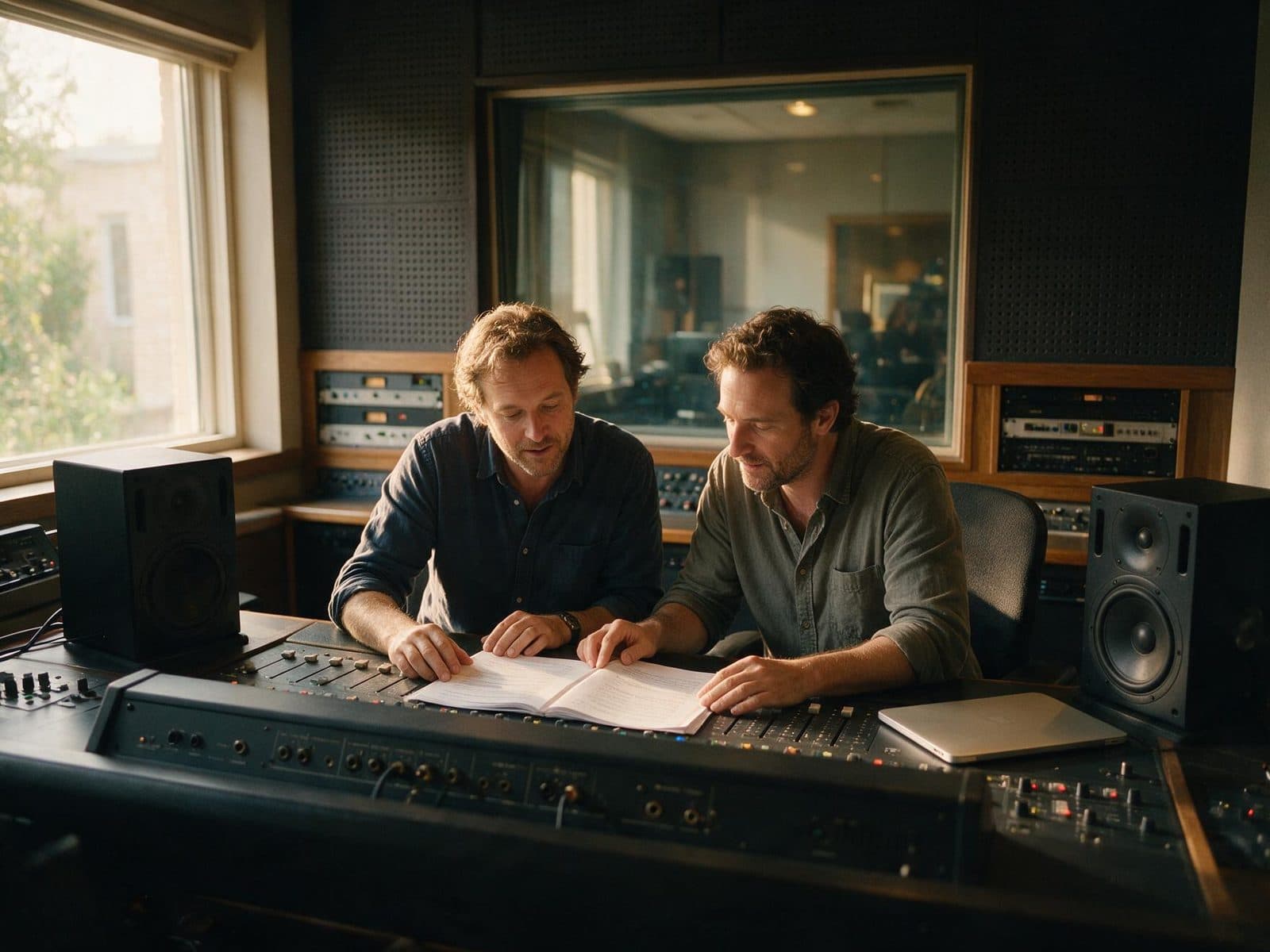 Producer and voice actor going through a script in the studio control room before a session