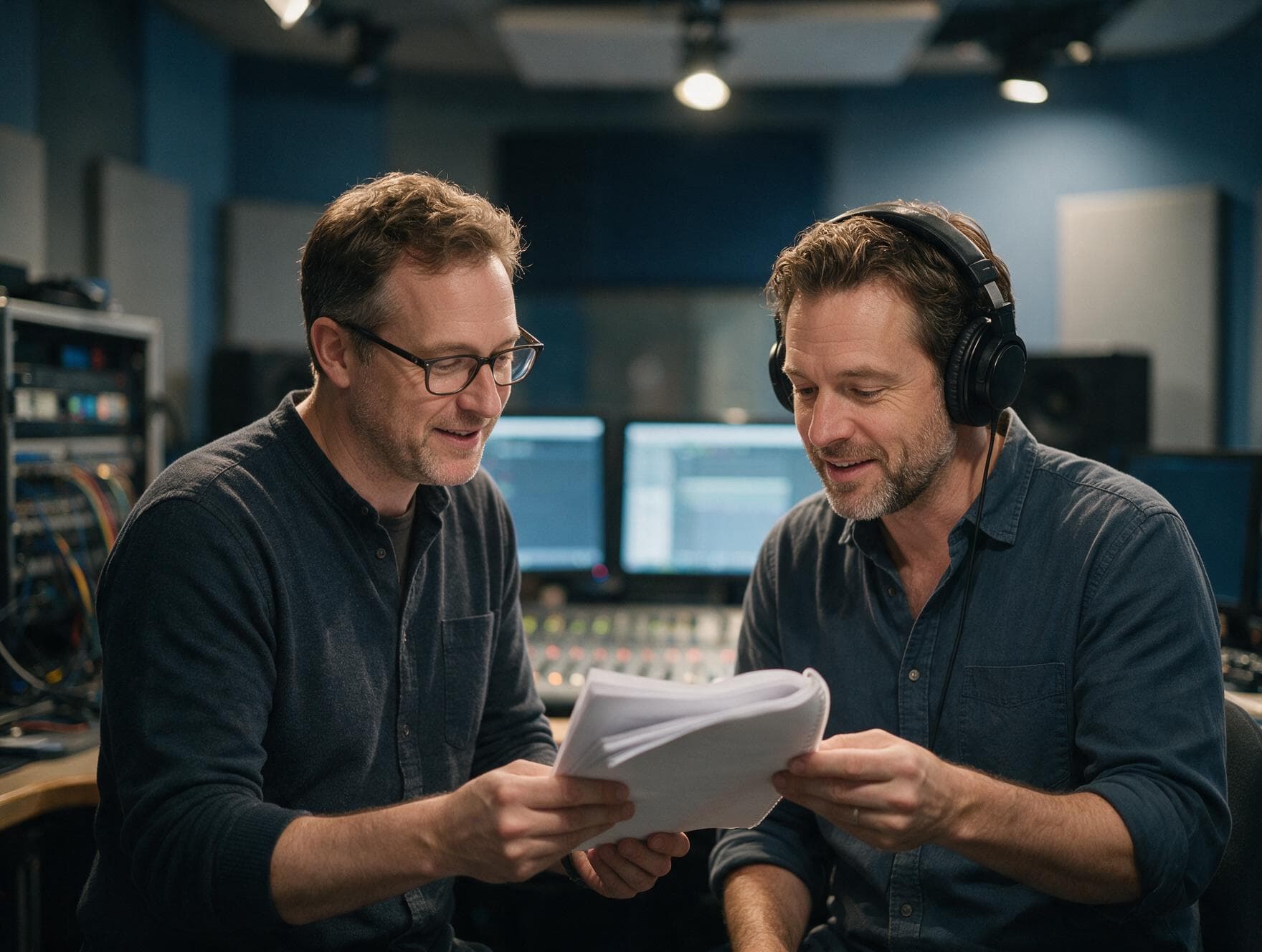 Producer and voice actor going through a script in the studio control room before a session