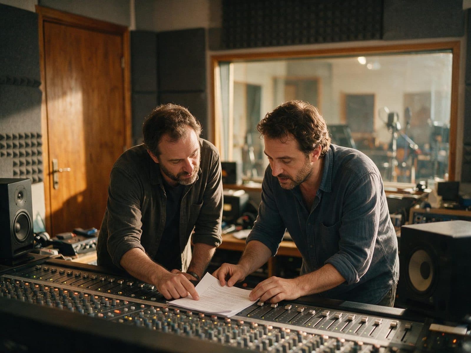 Producer and voice actor going through a script in the studio control room before a session