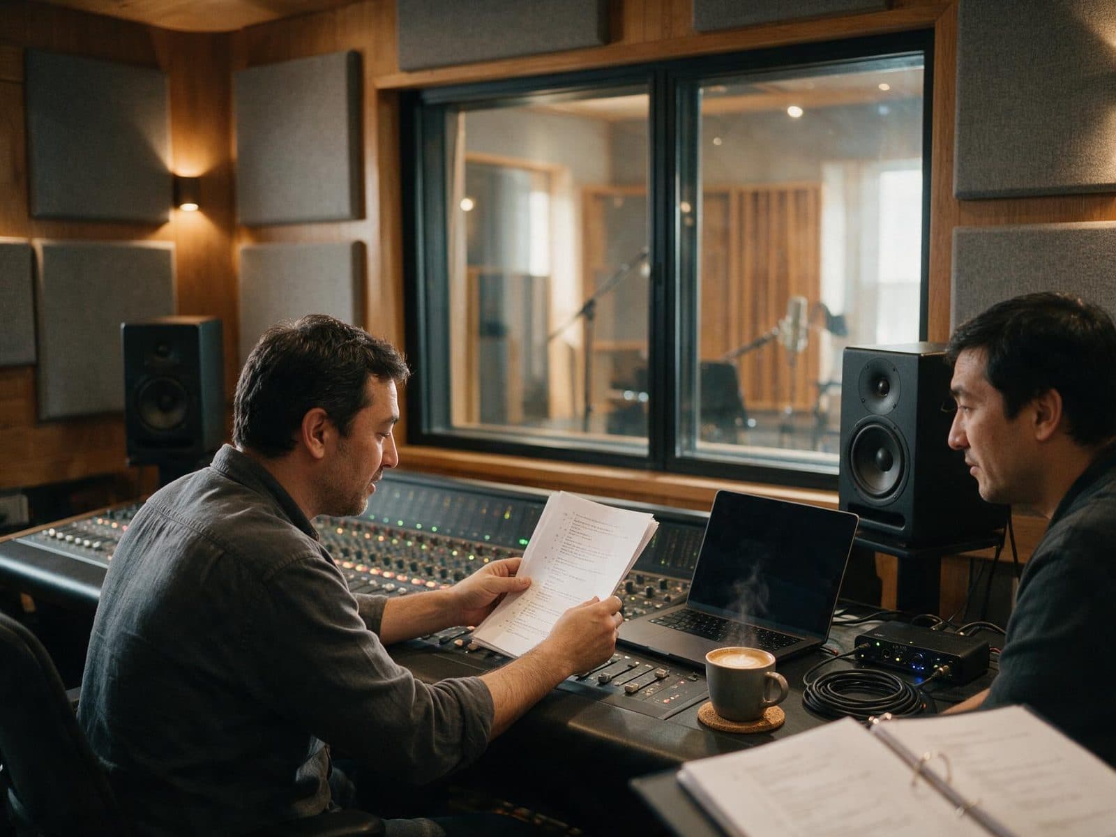 Producer and voice actor going through a script in the studio control room before a session