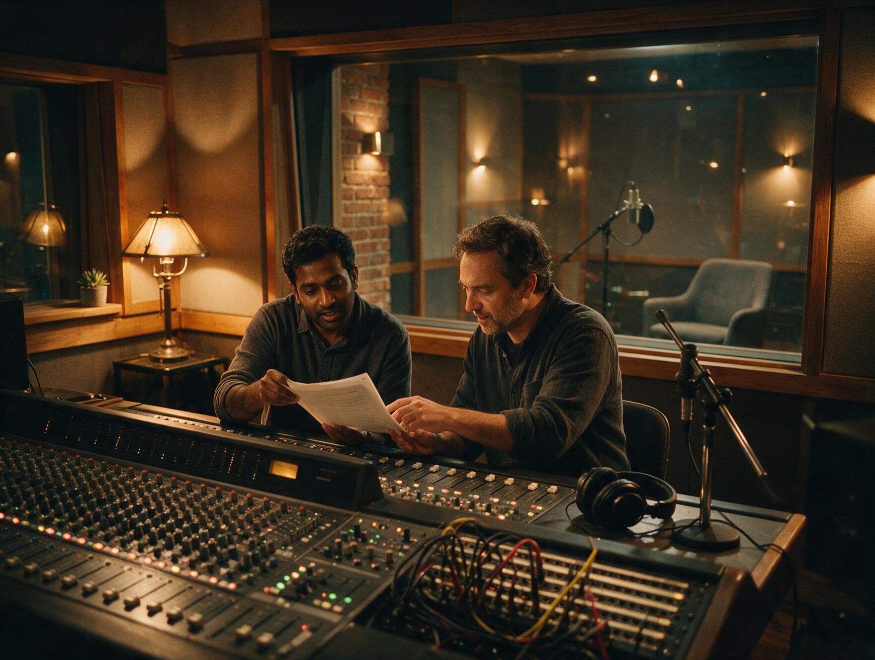 Voice actor and director going through a script together before a recording session