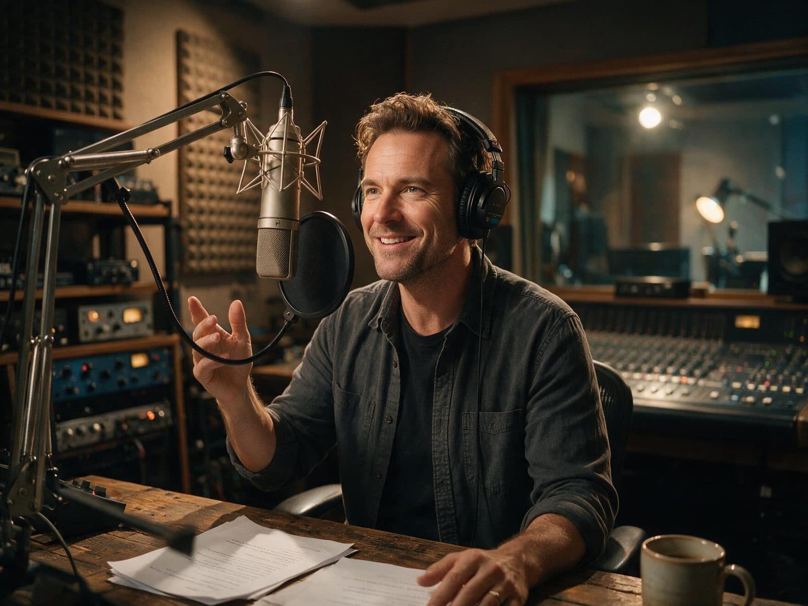 Swedish voice actor recording a script in a professional studio