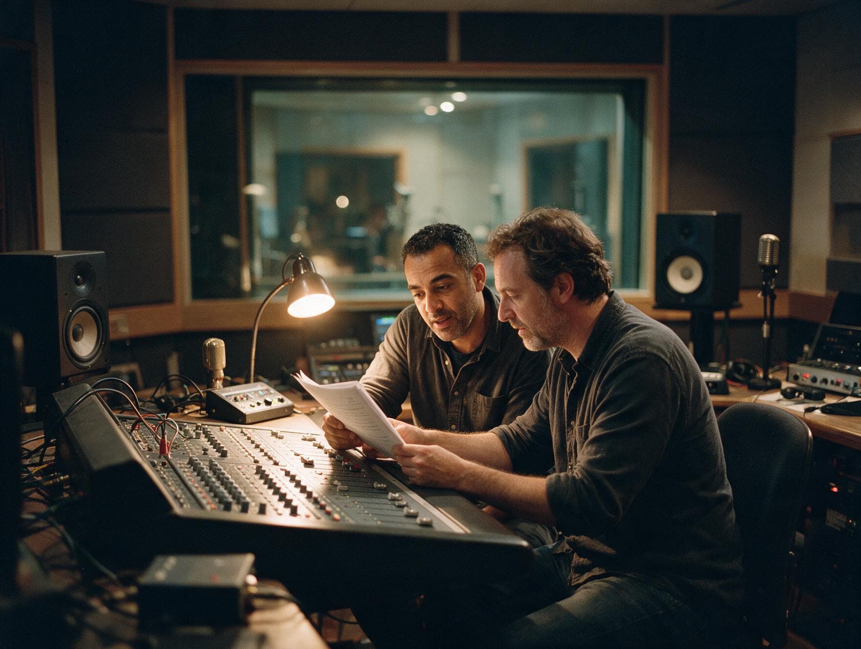 Producer and voice actor going through a script in the studio control room before a session