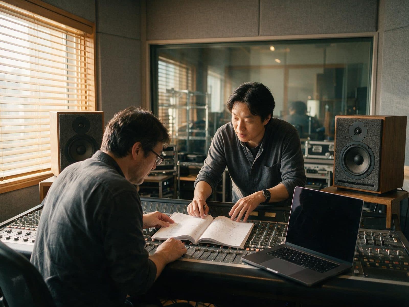 Producer and voice actor going through a script in the studio control room before a session
