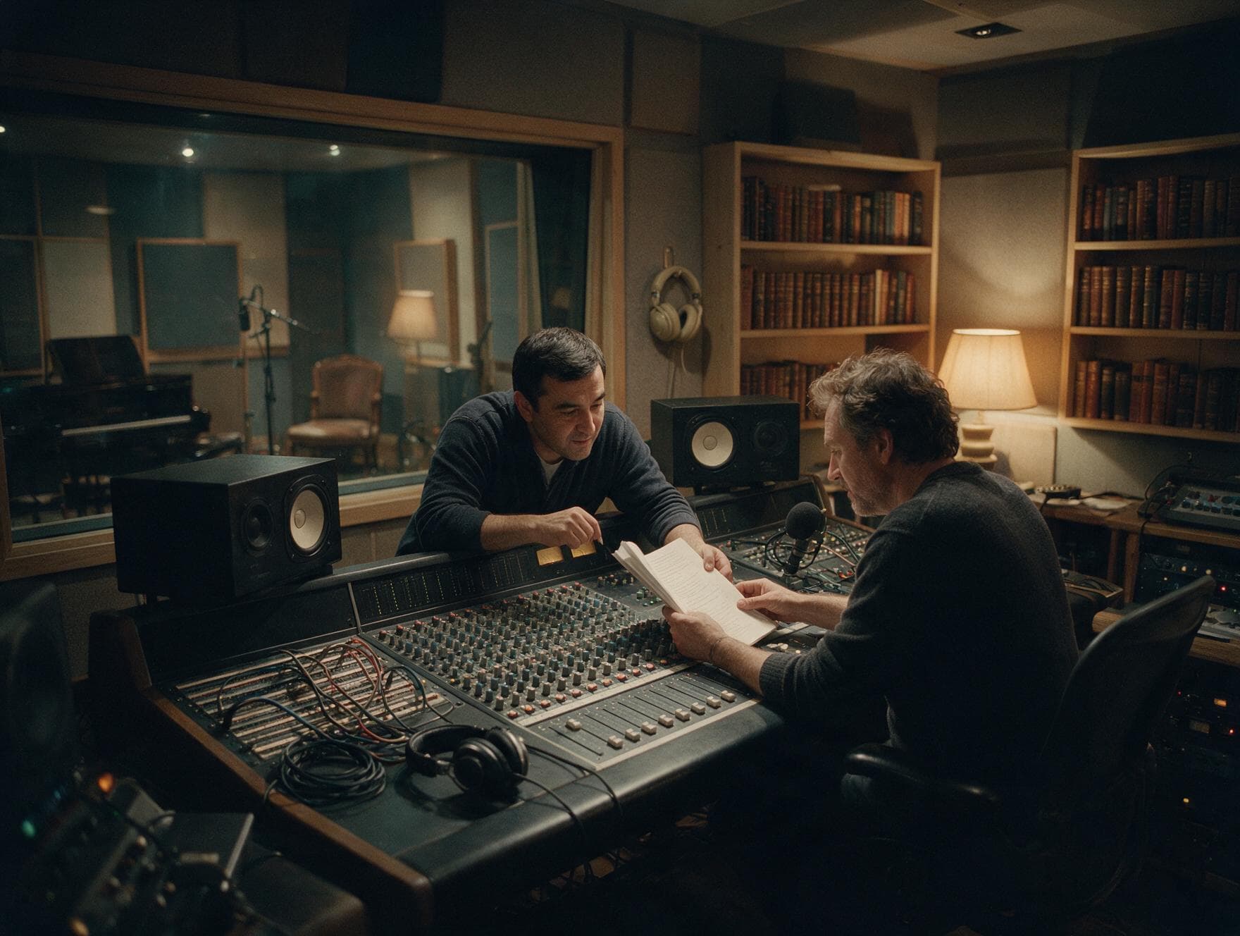 Producer and voice actor going through a script in the studio control room before a session