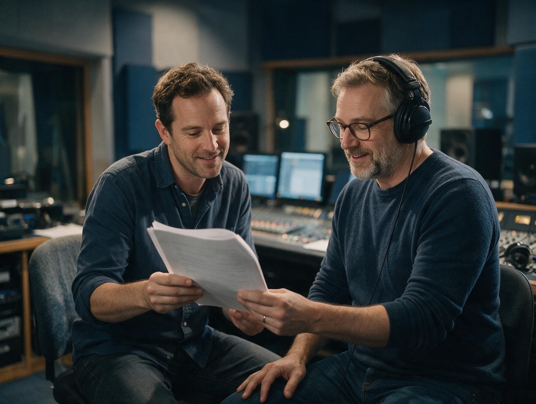 Producer and voice actor reviewing a script together in the studio control room