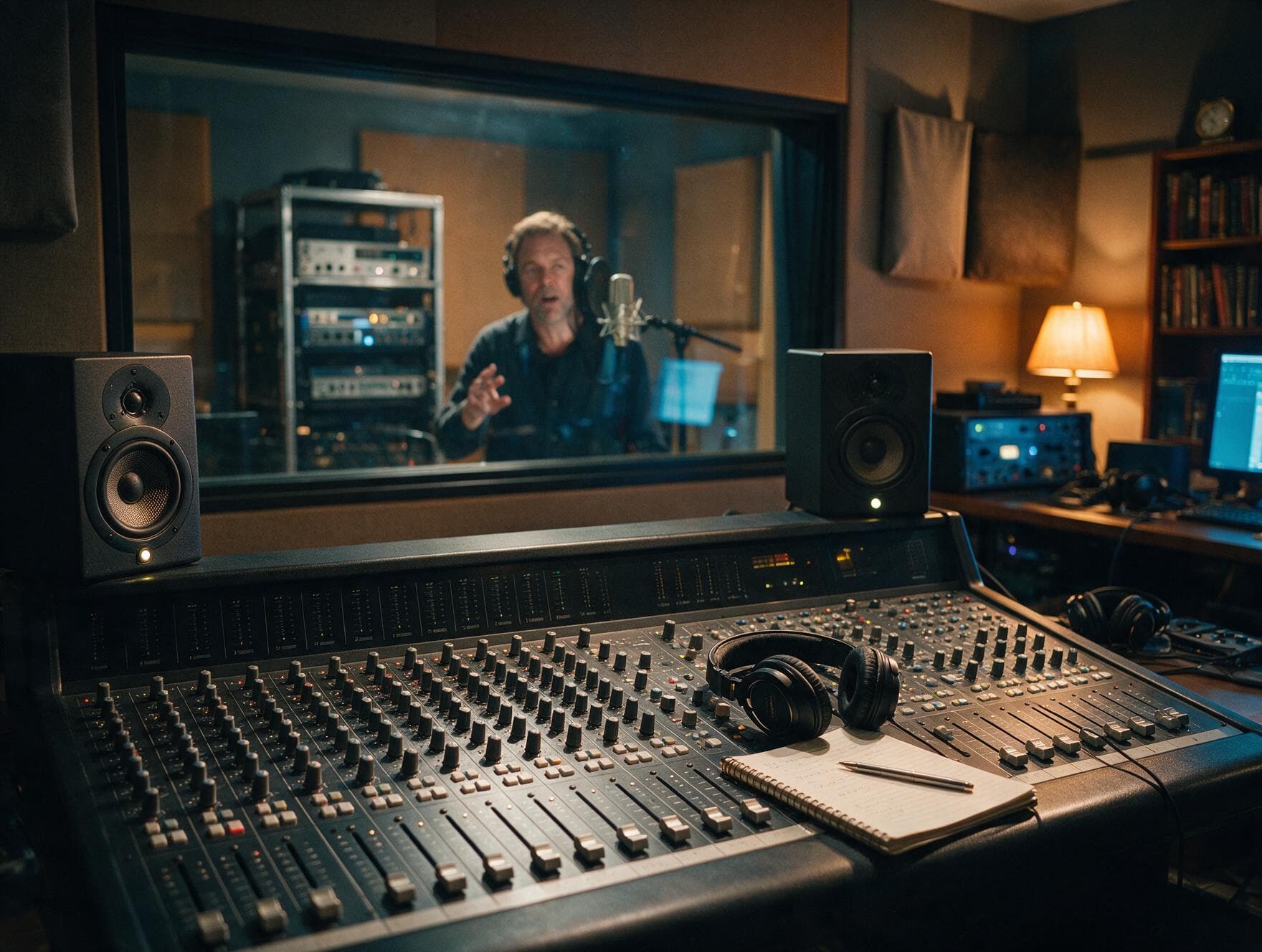 Control room and recording booth in our London studio, seen from the mixing desk during a Lingala session