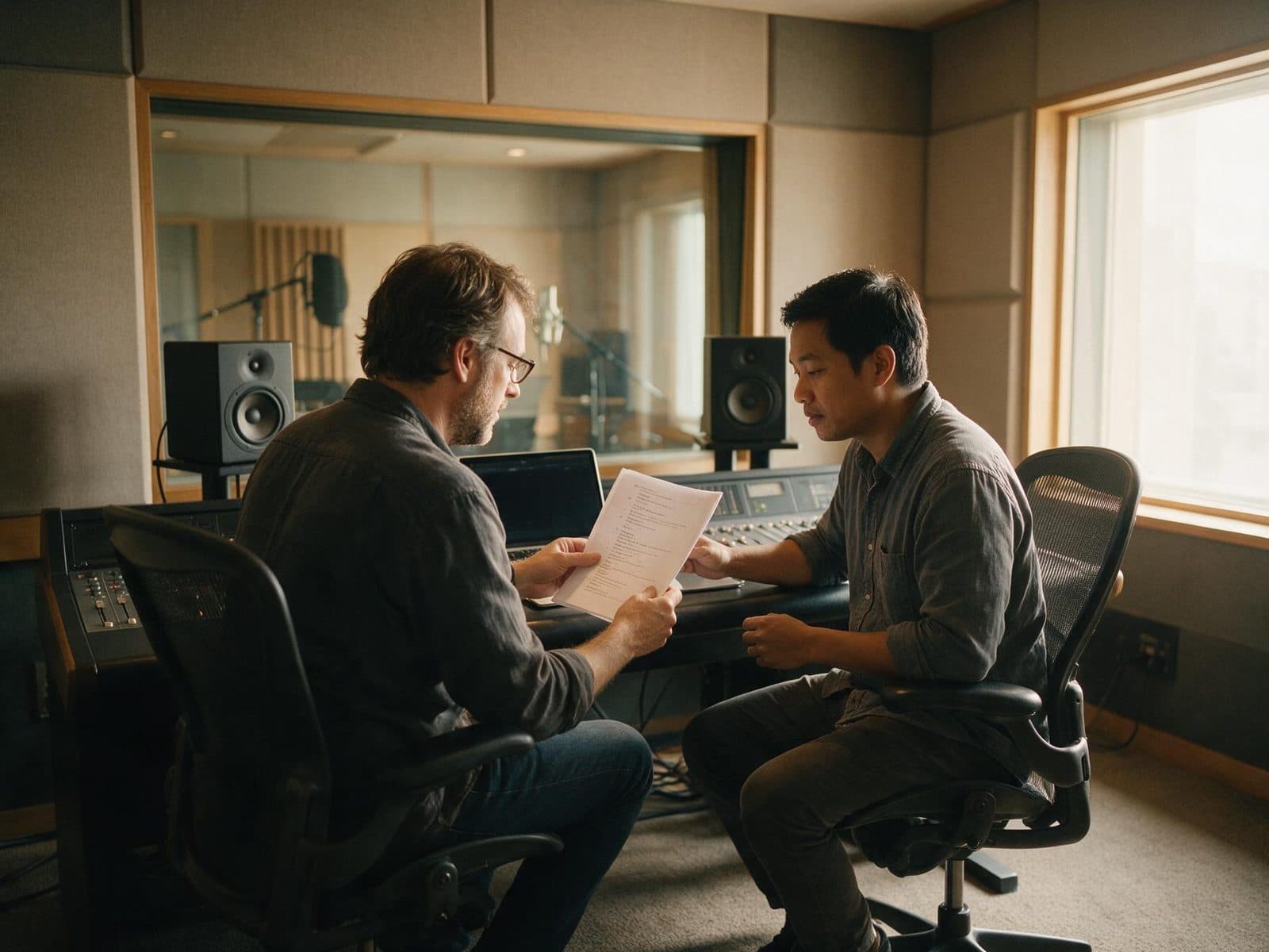 Producer and voice actor going through a script in the studio control room before a session