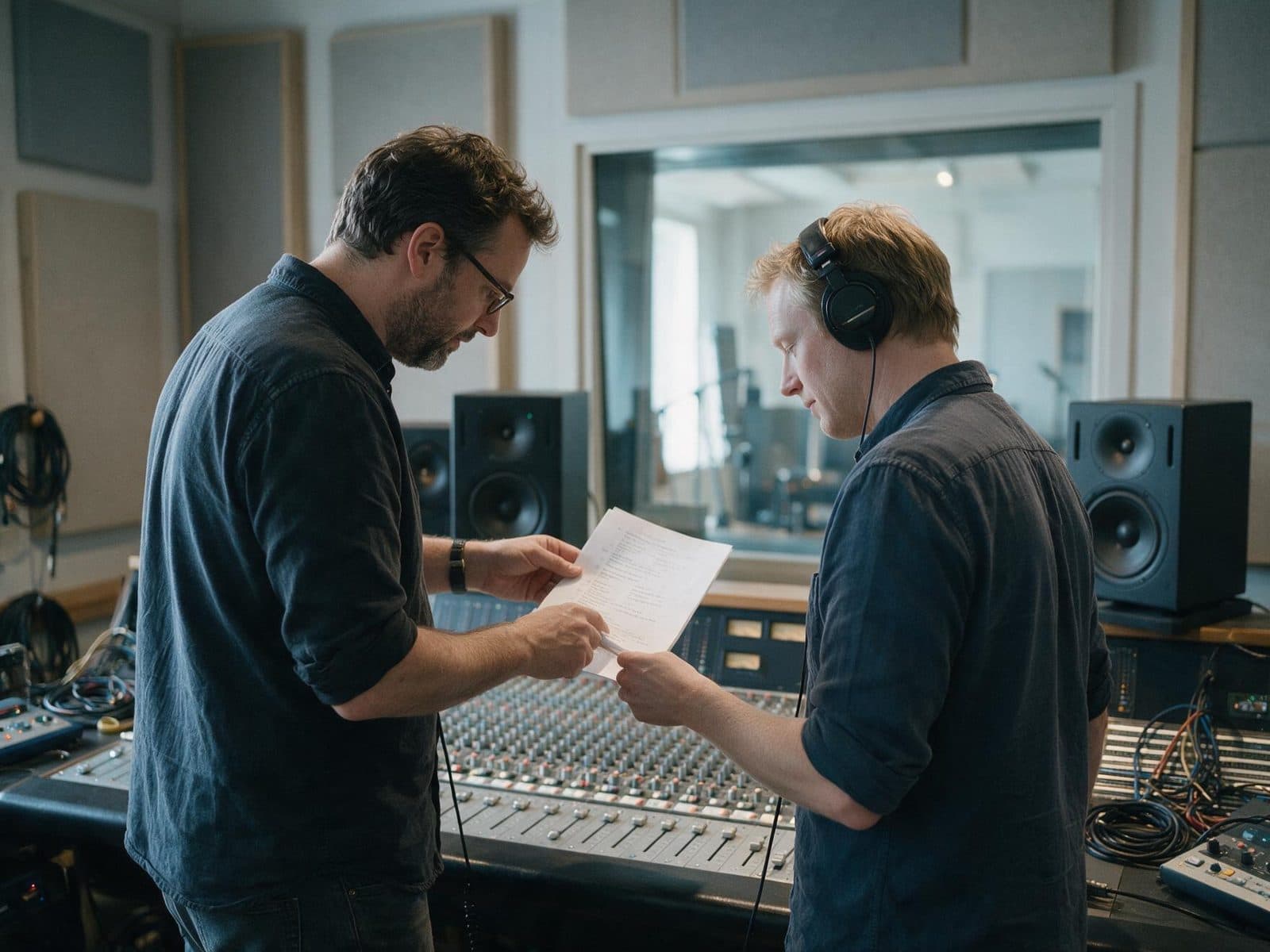 Producer and voice actor going through a script in the studio control room before a session