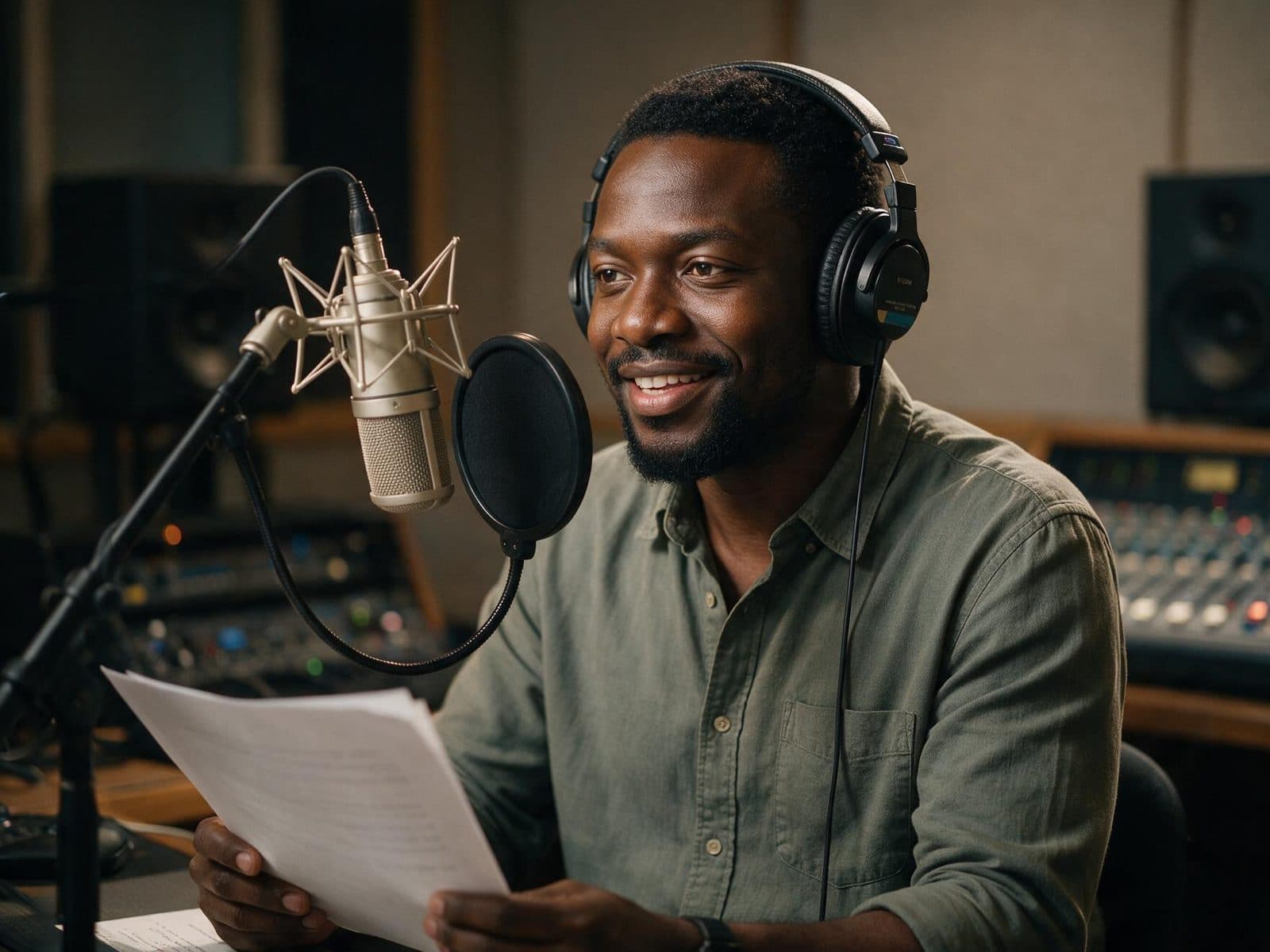 West African English voice actor recording a script in a professional studio