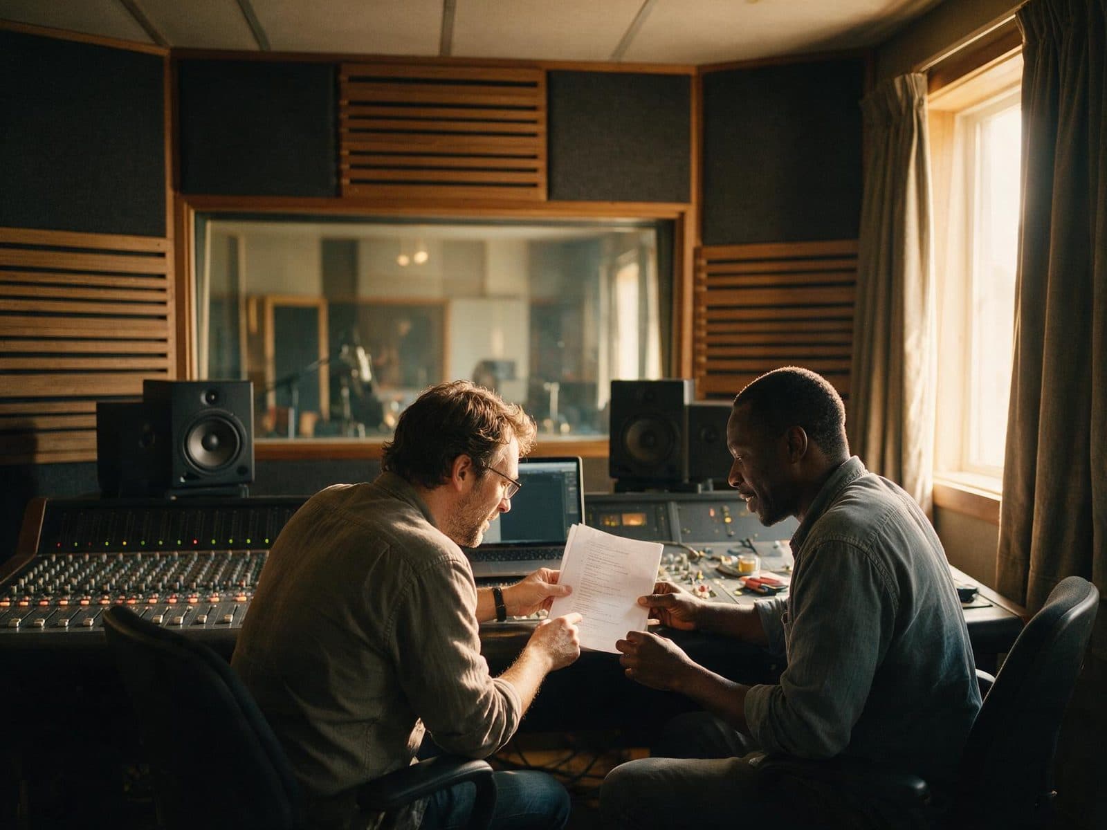 Producer and voice actor going through a script in the studio control room before a session