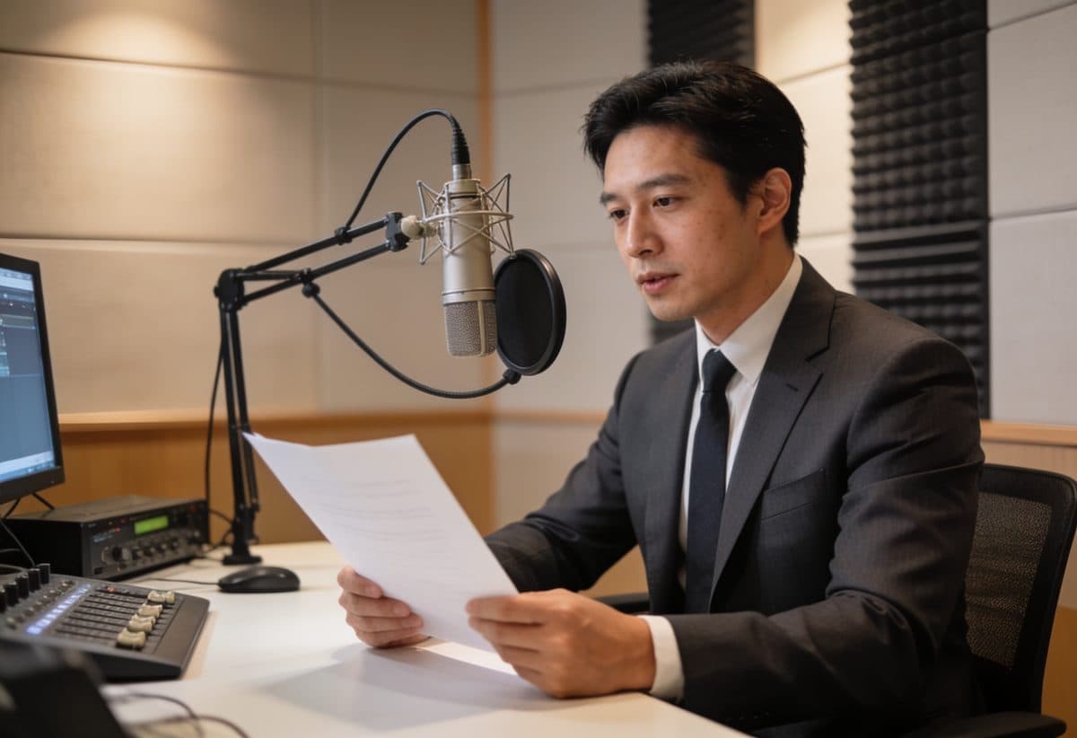 Slovenian voice actor recording a script in a professional studio