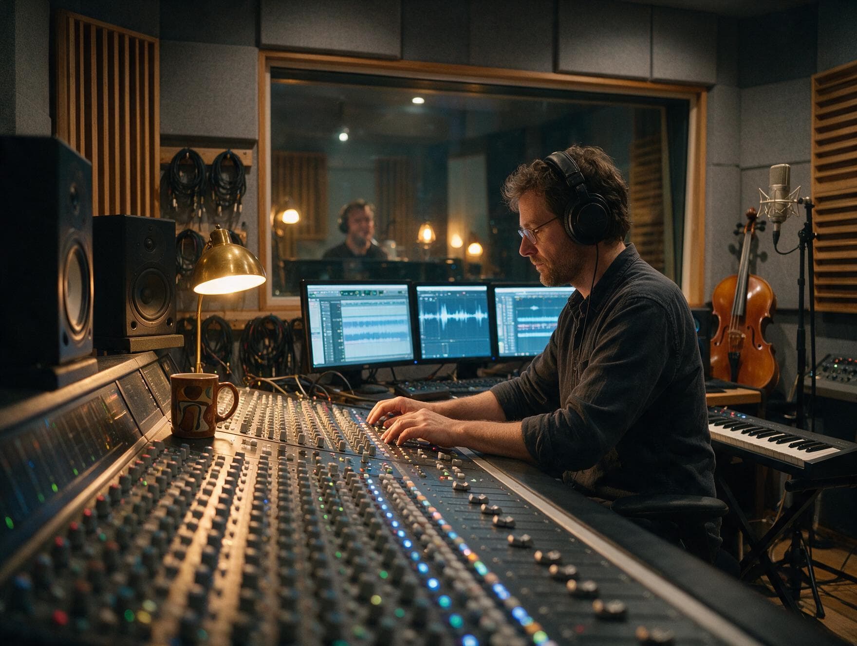 Producer and voice actor checking timings against the picture in the studio control room