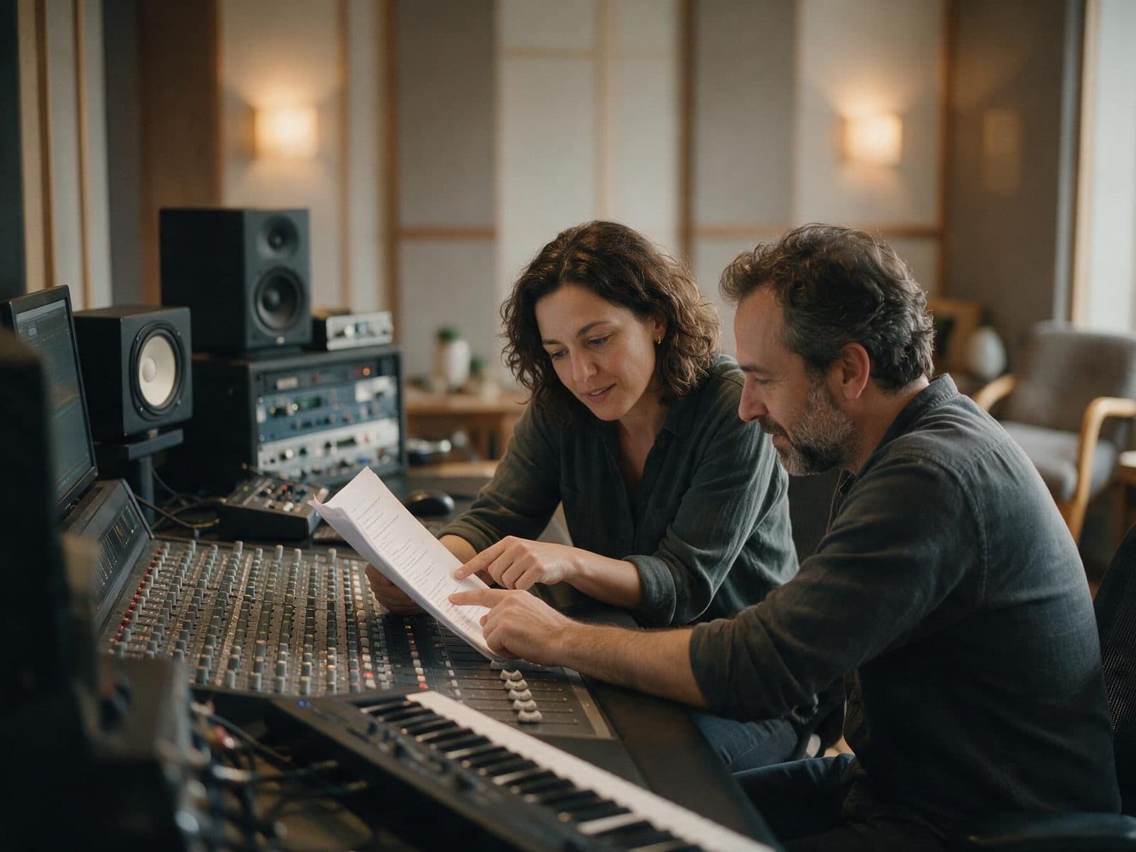 Producer and Georgian voice actor going through a script before a recording session