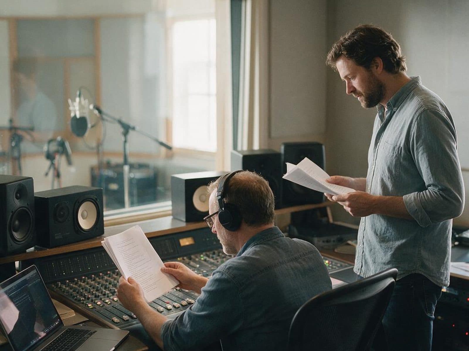Producer and voice actor going through a script in the studio control room before a session