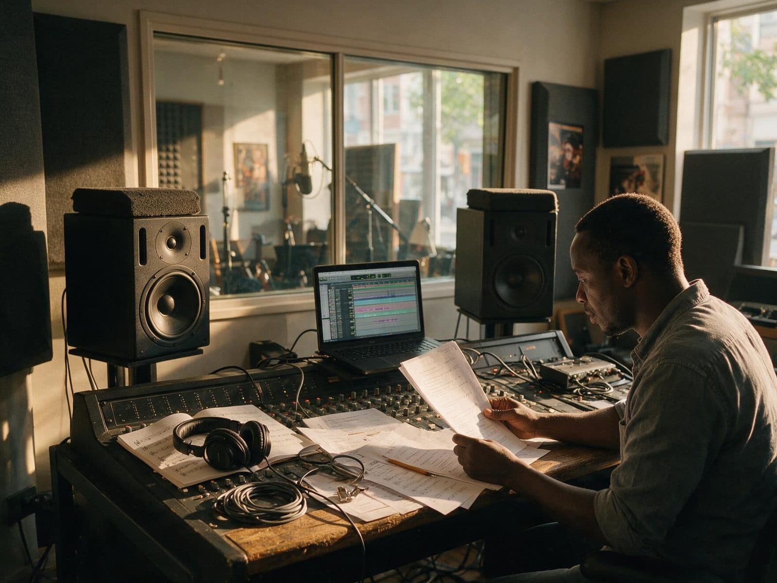 Producer and voice actor going through a script in the studio control room before a session