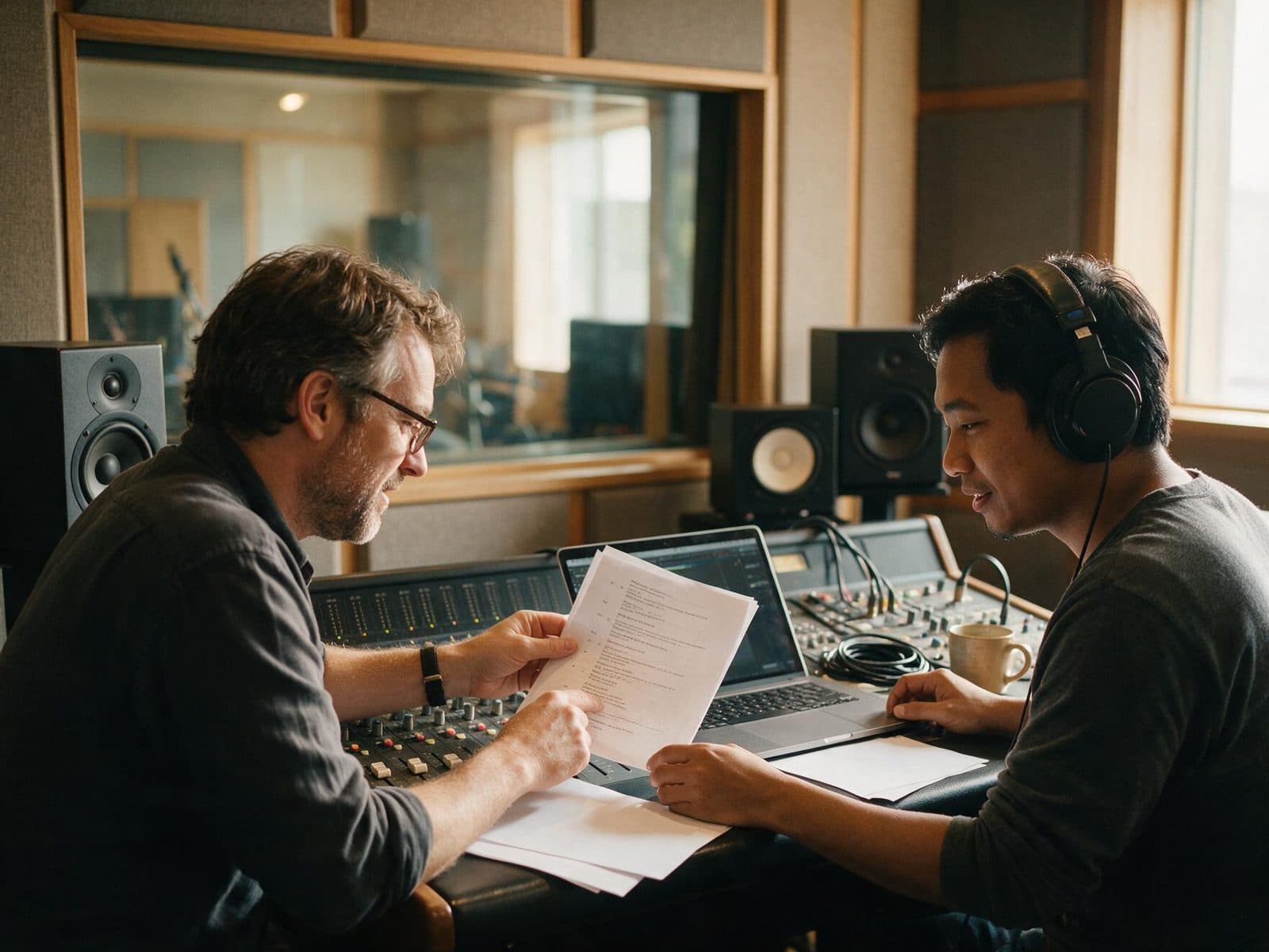 Producer and voice actor going through a script in the studio control room before a session