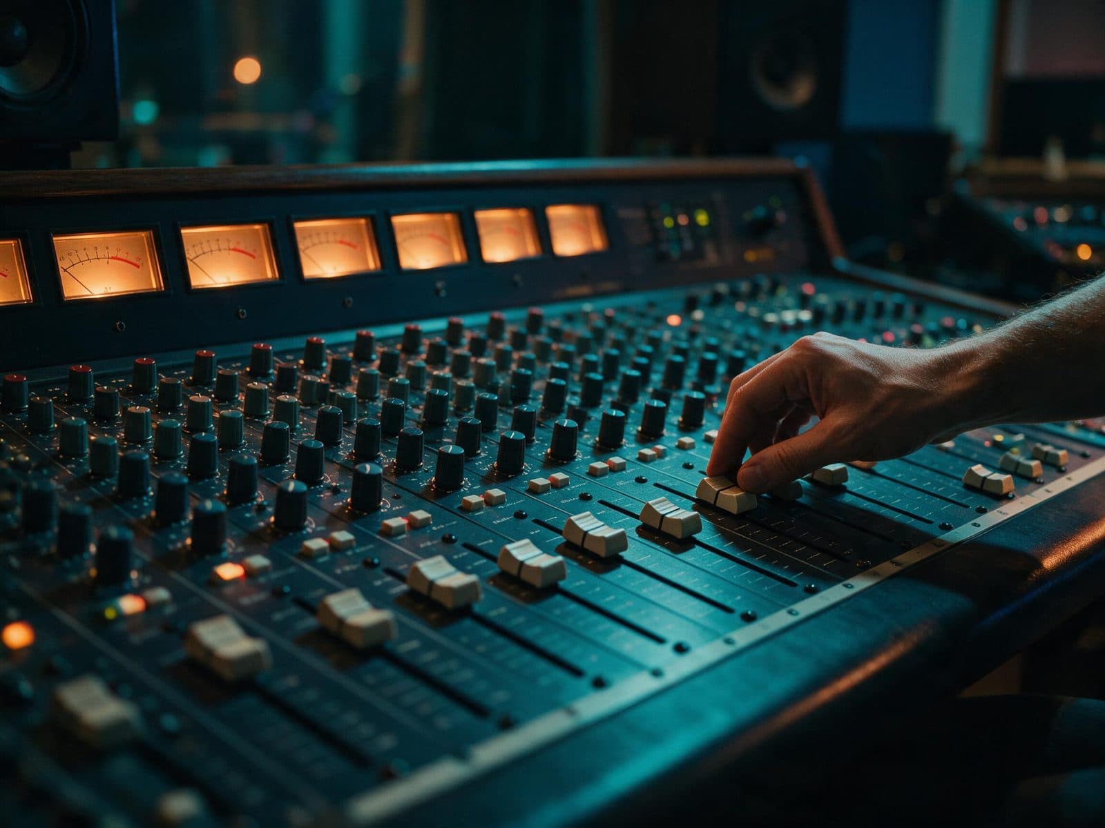 Engineer adjusting faders on the mixing console during a Croatian recording session