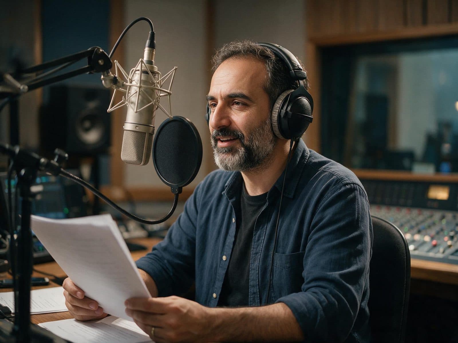 Russian voice actor recording a script in a professional studio