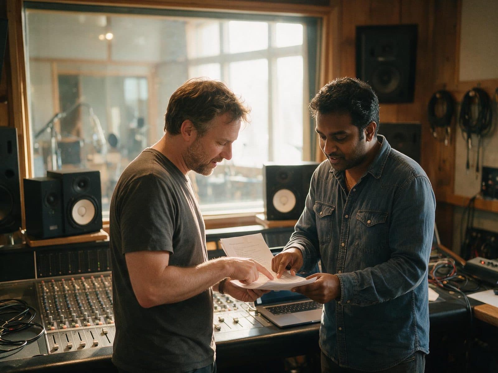 Producer and voice actor going through a script in the studio control room before a session