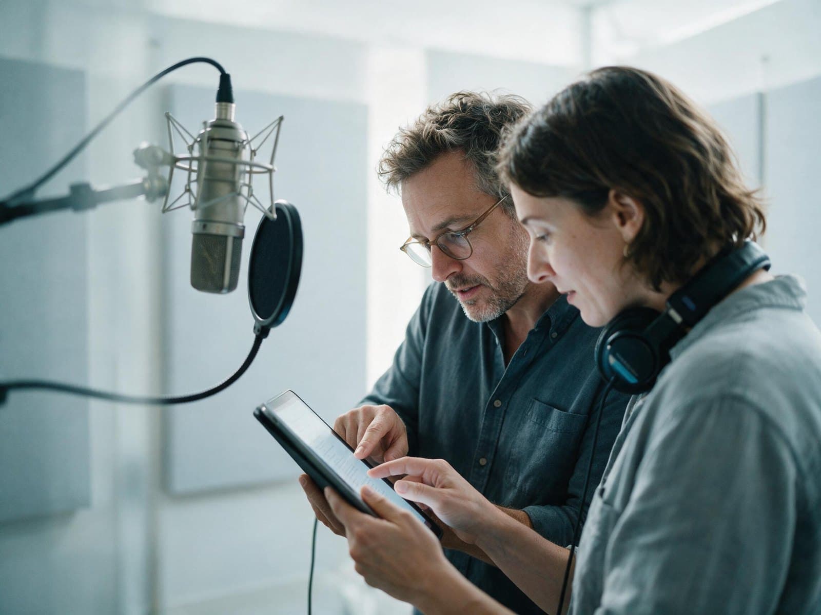 Producer and Bulgarian voice actor reviewing a script before recording