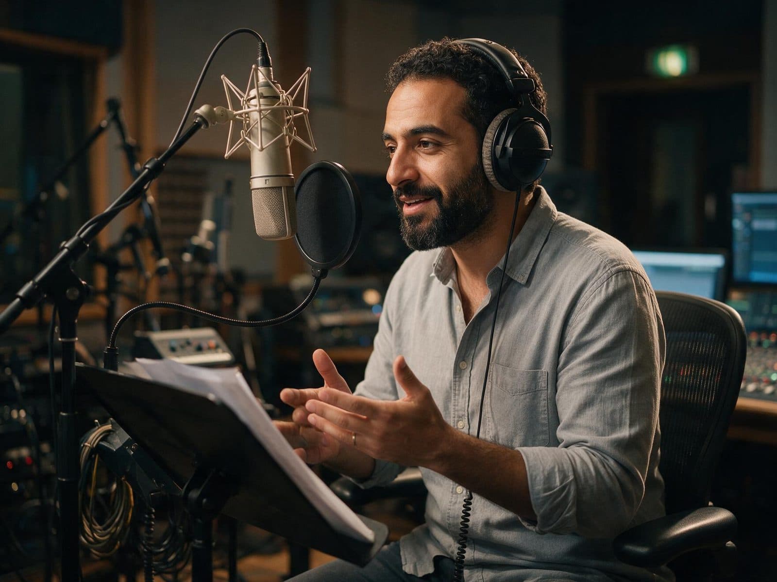 Hebrew voice actor recording a script in a professional studio
