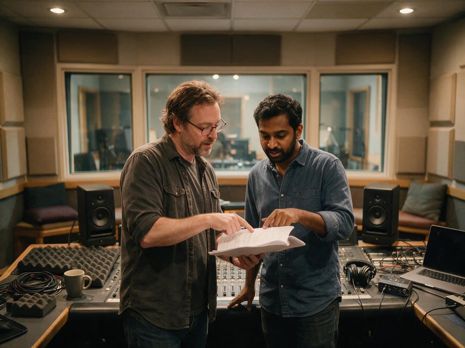 Producer and voice actor going through a script in the studio control room before a session