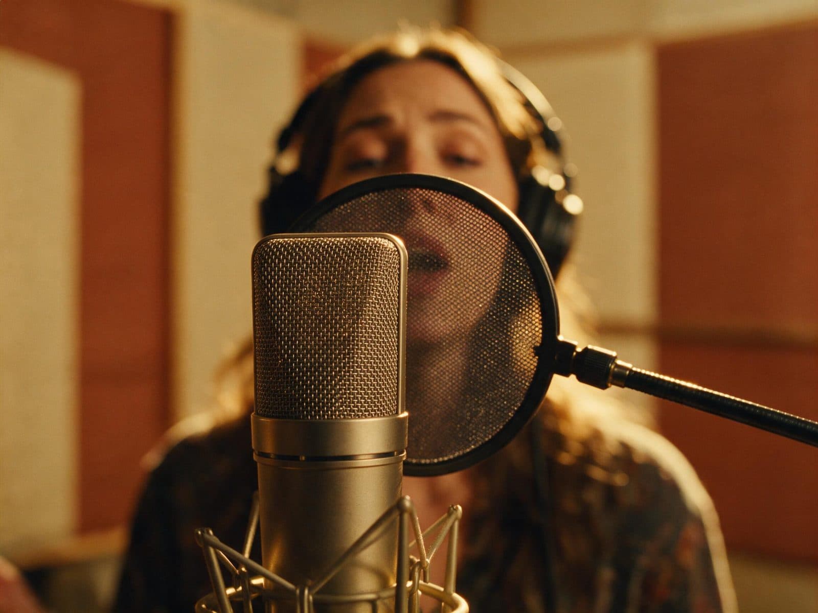 Catalan voice actor performing close to a studio microphone and pop shield