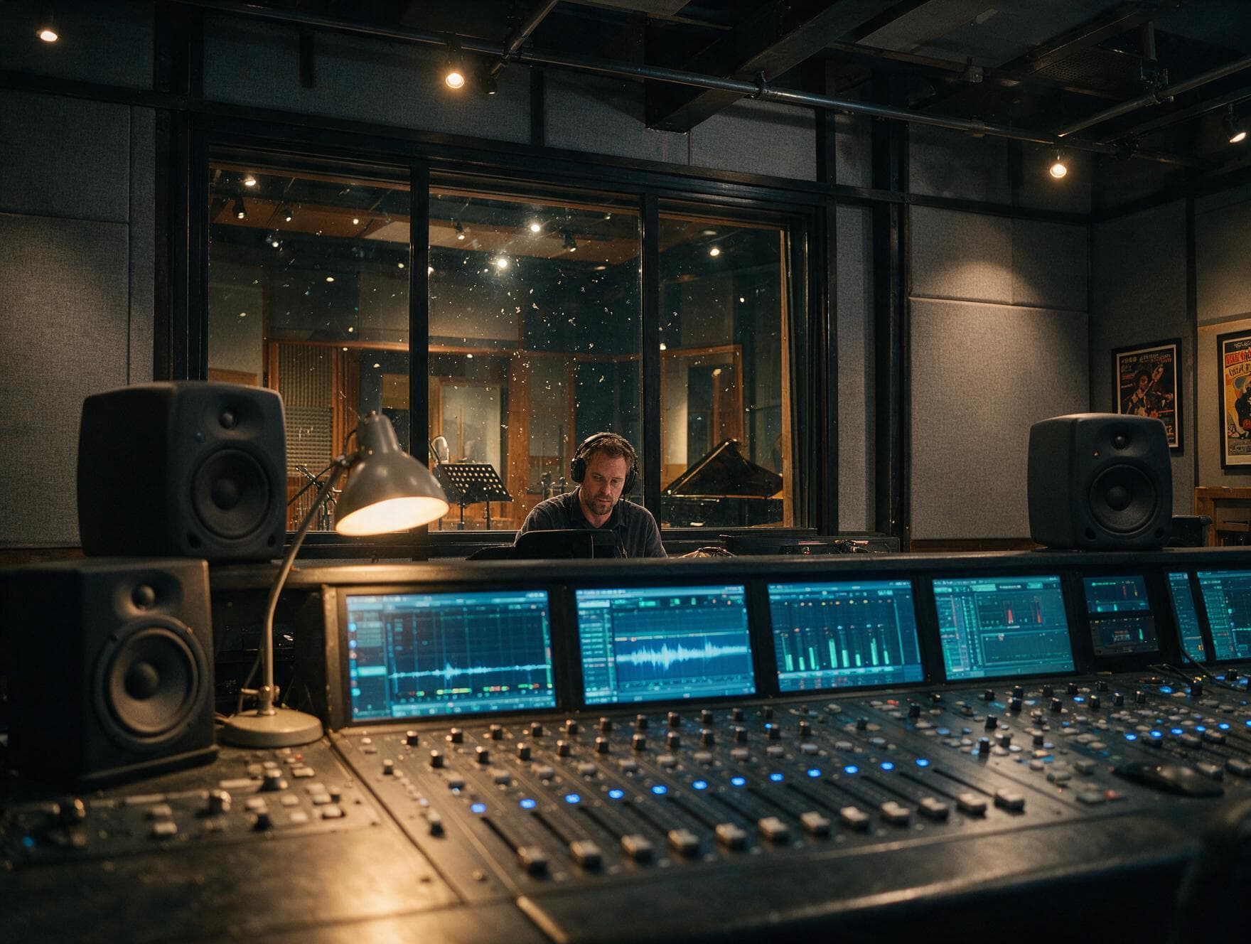 Control room and recording booth in our London studio, seen from the mixing desk during a Igbo session