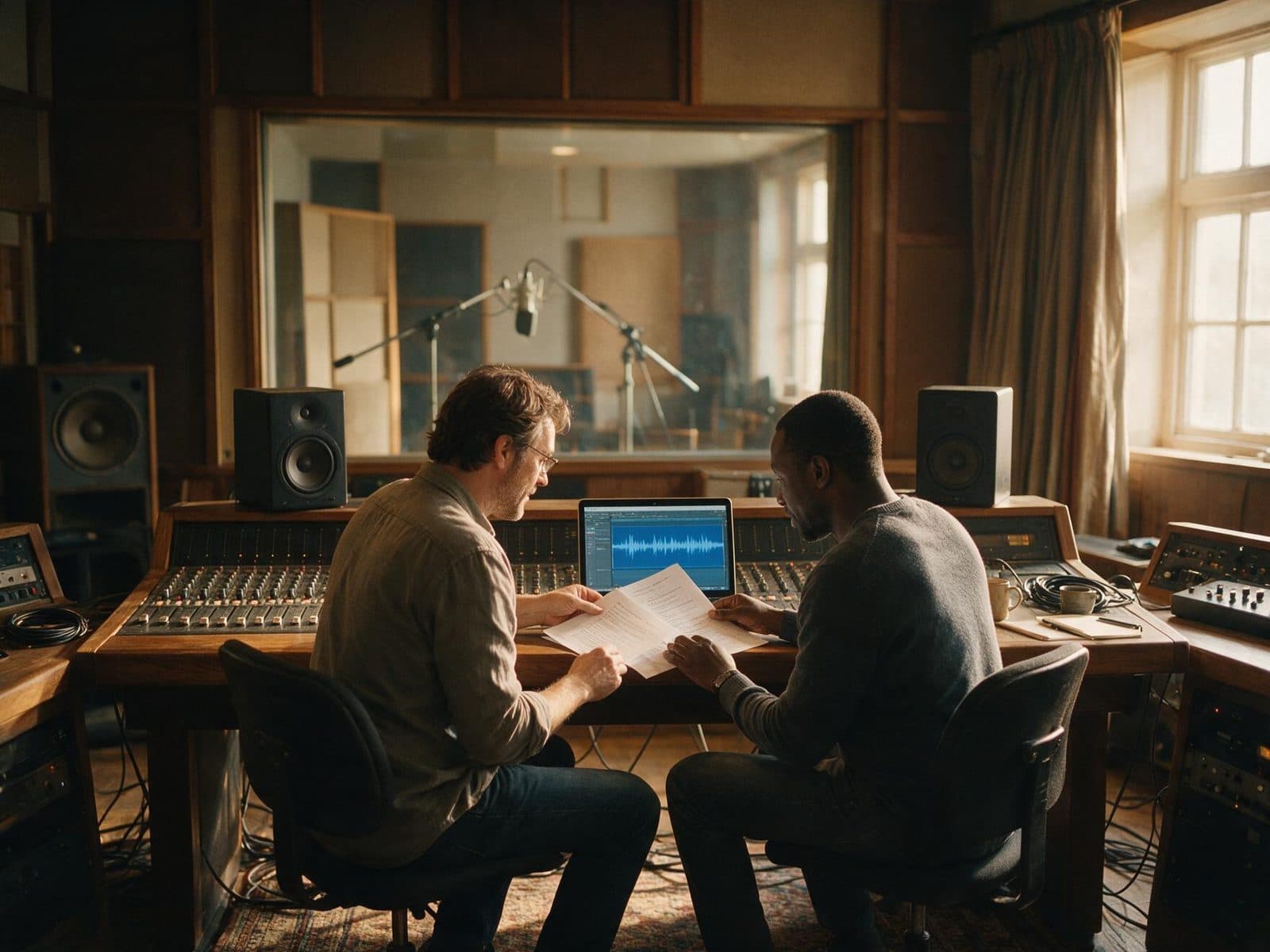 Producer and voice actor going through a script in the studio control room before a session